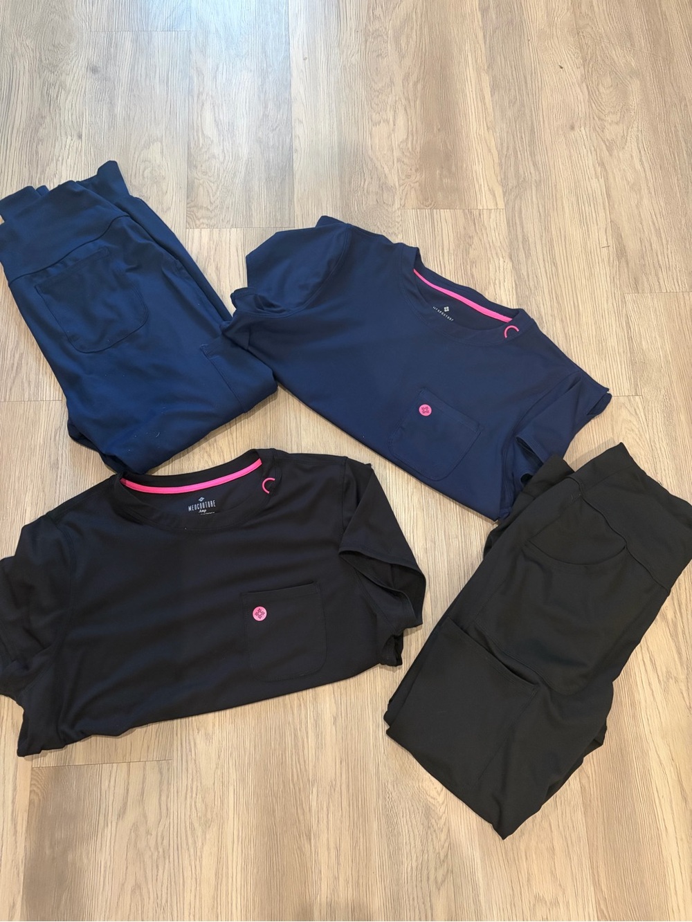 Med Couture Women's Short Sleeve Pocket Tee - Navy & Black with Pink Accents